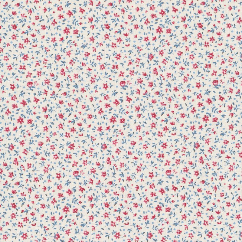 This white fabric features a ditsy print of burgundy flowers with teal dots.