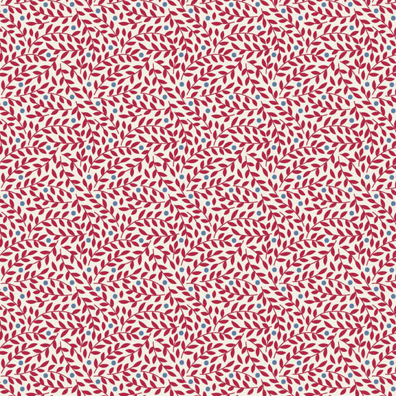 This white fabric features a prominent design of burgundy leaves with teal dots. 