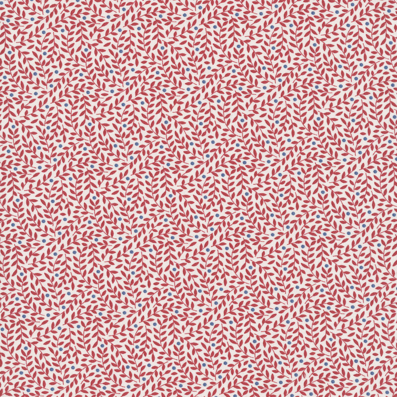 This white fabric features a prominent design of burgundy leaves with teal dots. 