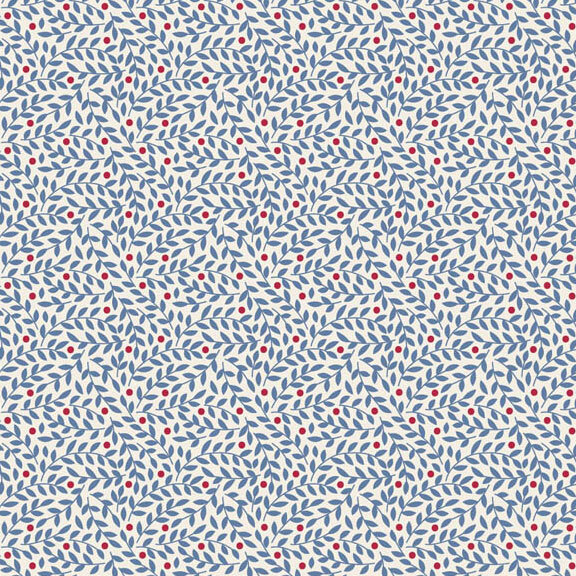 This white fabric features a prominent design of blue leaves with burgundy dots. 
