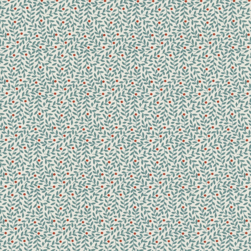 This white fabric features a prominent design of blue leaves with burgundy dots. 