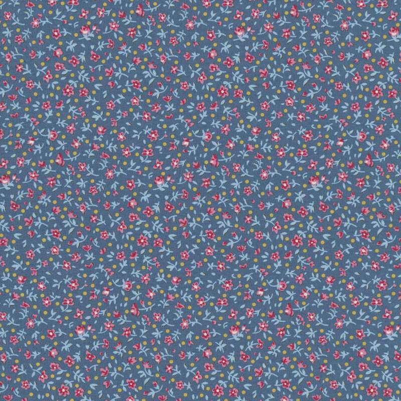 This blue fabric features a ditsy print of burgundy flowers with ocher dots.