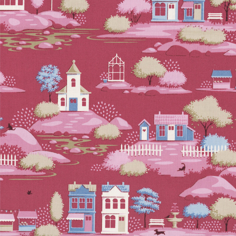 This burgundy fabric features a toile scene of a neighborhood complete with cute little houses, ponds, market stands, and blooming trees. 