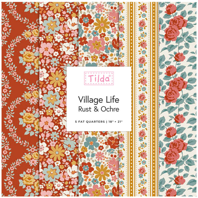 A fabric collage featuring colorful floral fabrics from the Village Life collection by Tilda. 