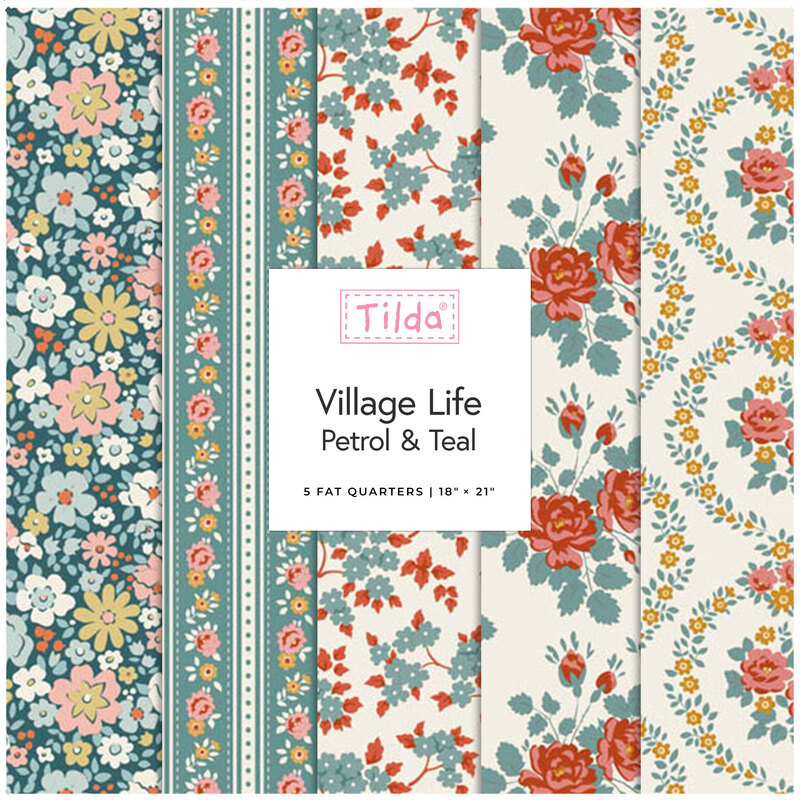 A fabric collage featuring colorful floral fabrics from the Village Life collection by Tilda. 