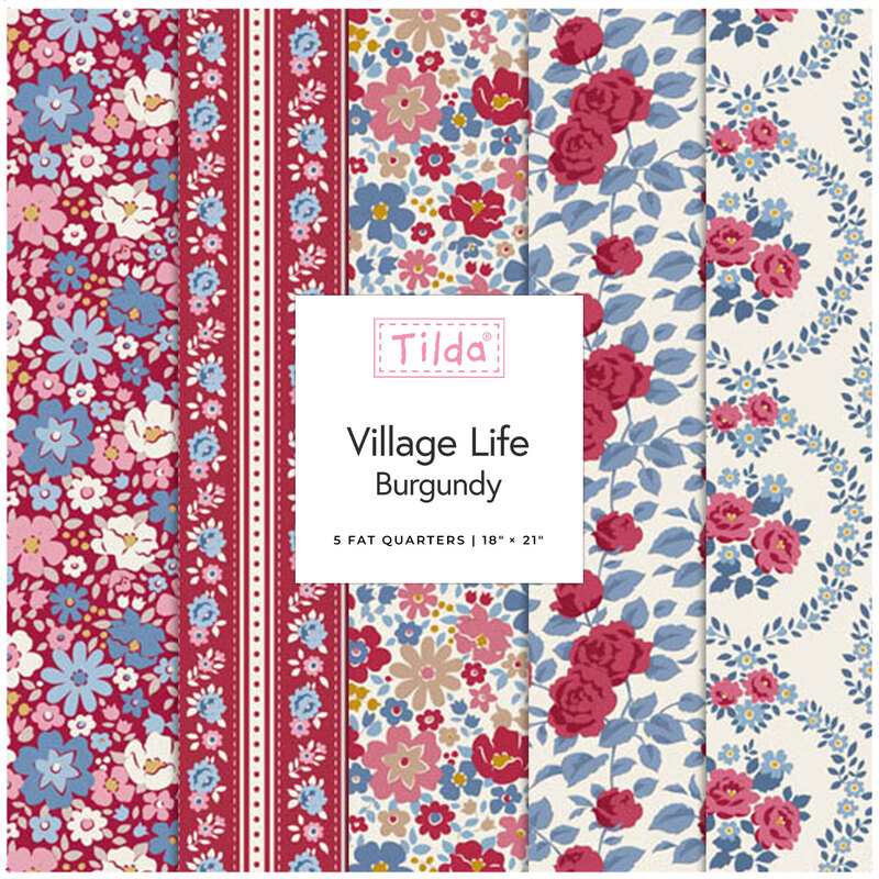 A fabric collage featuring colorful floral fabrics from the Village Life collection by Tilda. 