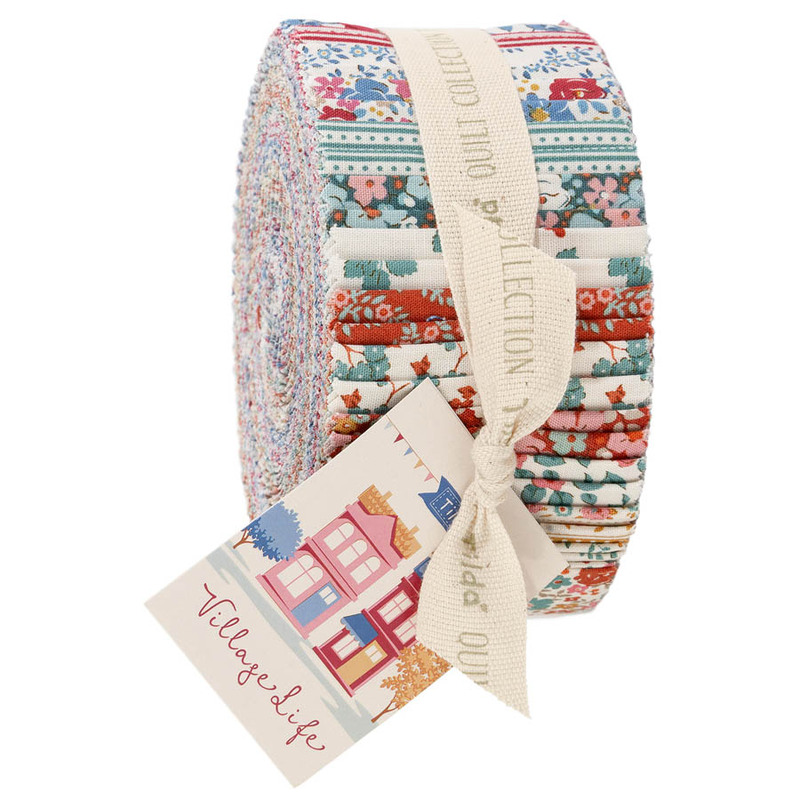 A bundle of Village Life fabric from Tilda isolated on a white background. 