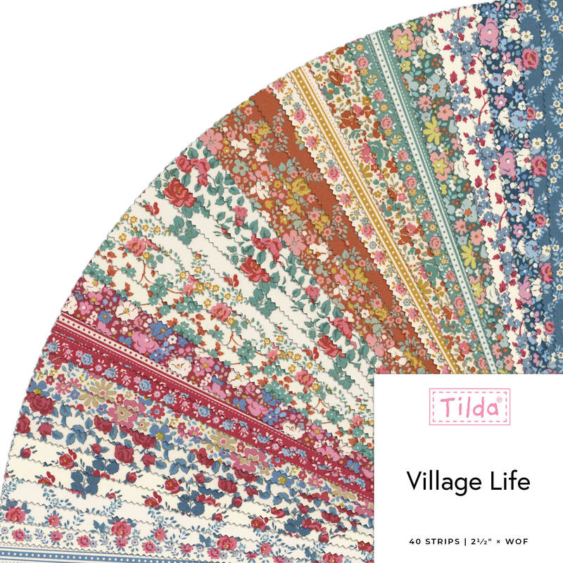 A fanned fabric collage of floral fabrics from the Village Life collection by Tilda.