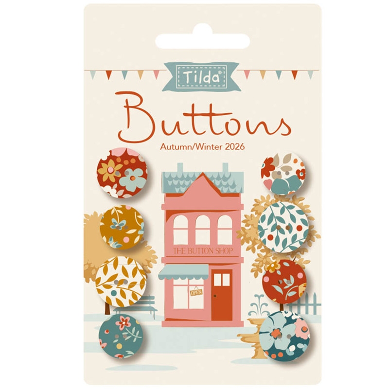 A digital mockup of the Village Life autumn button pack by Tilda. 