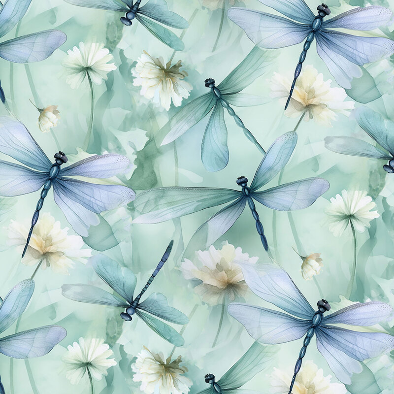 Dragonflies and florals tossed across a mottled teal background.