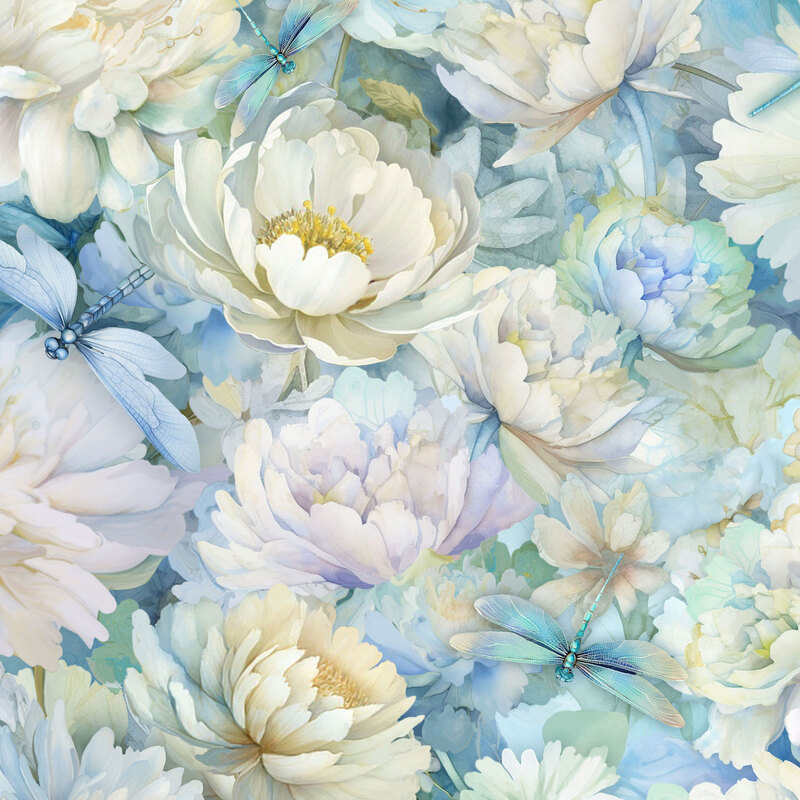 Packed cool tone floral fabric with dragonflies weaving between them.