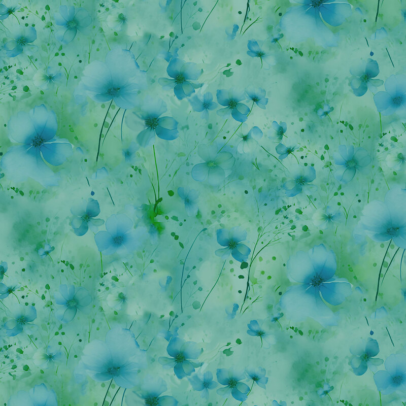 Mottled green and teal fabric with florals scattered across.
