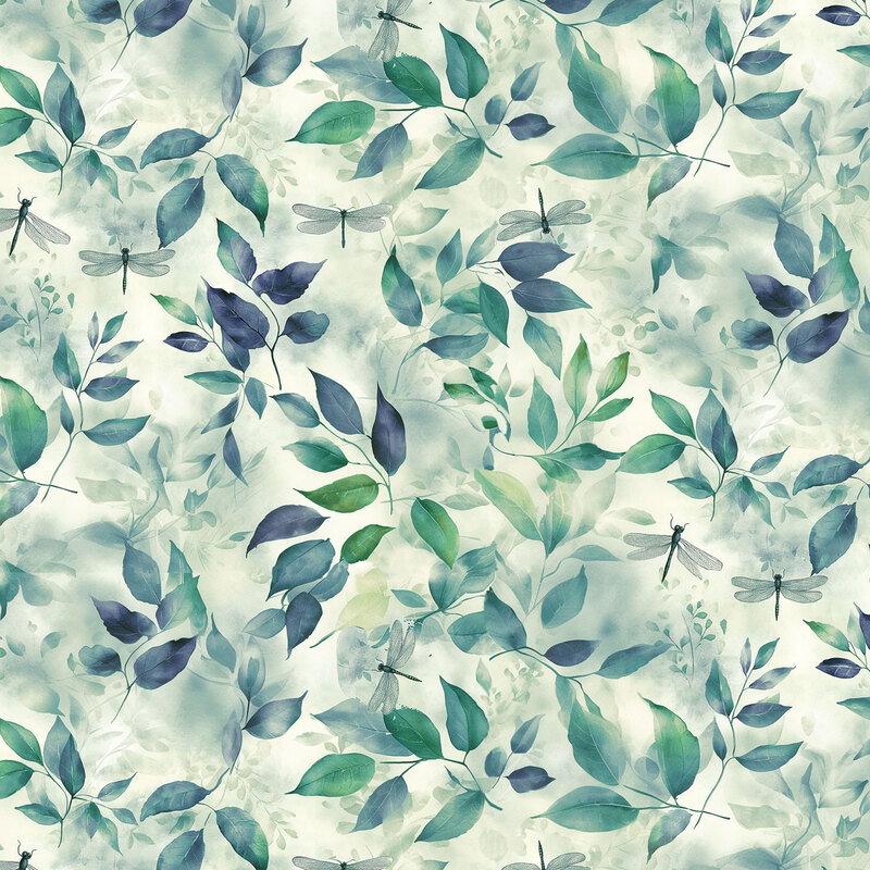 Sage green fabric with green leaves and dragonflies strewn across the top.