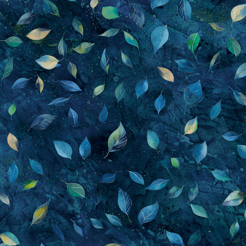 Mottled navy fabric with teal and green leaves scattered on top.