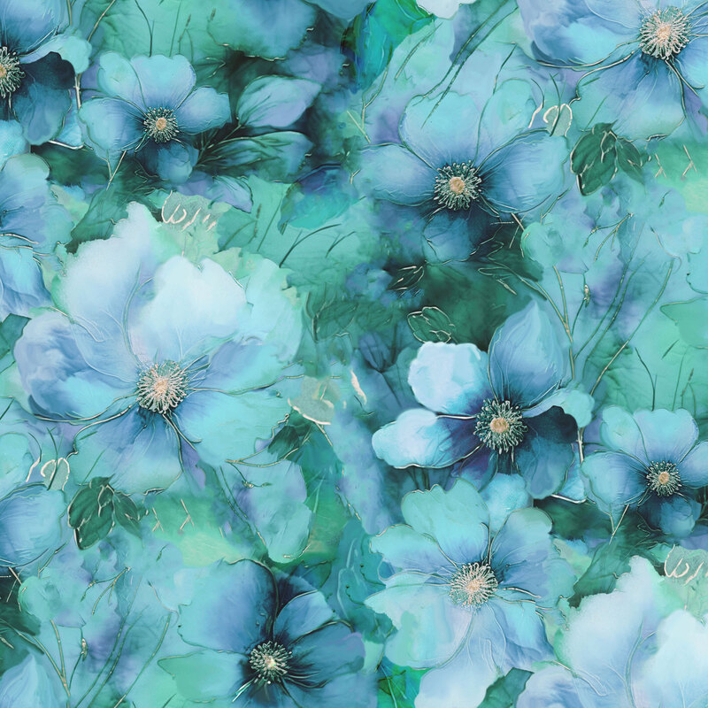 Jade and teal tonal fabric with large packed florals.