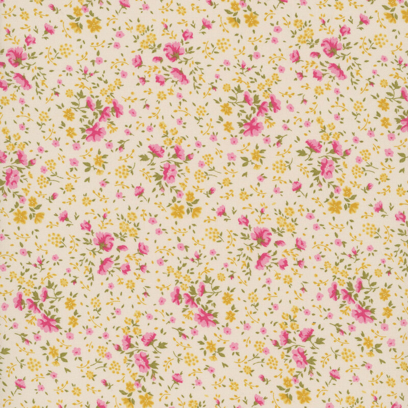 scattered pattern of pink and yellow floral blooms with green leaves on a cream background.