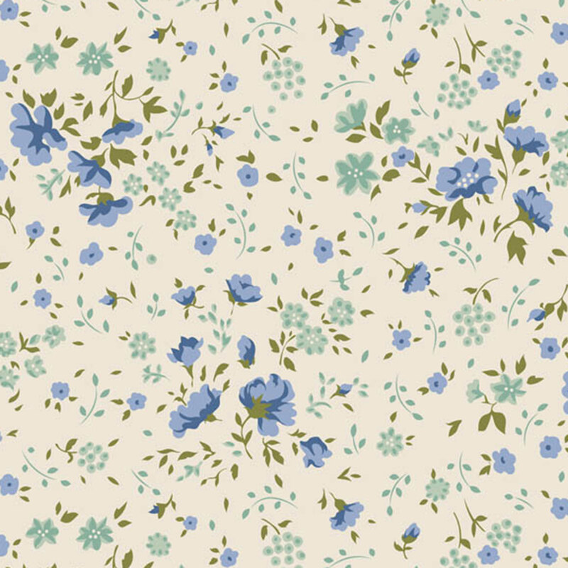 scattered pattern of blue and teal floral blooms with green leaves on a cream background.