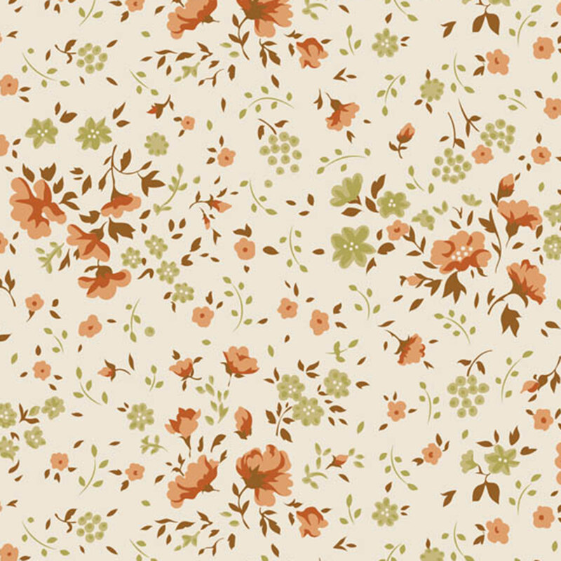 scattered pattern of peach and olive floral blooms with brown leaves on a cream background.