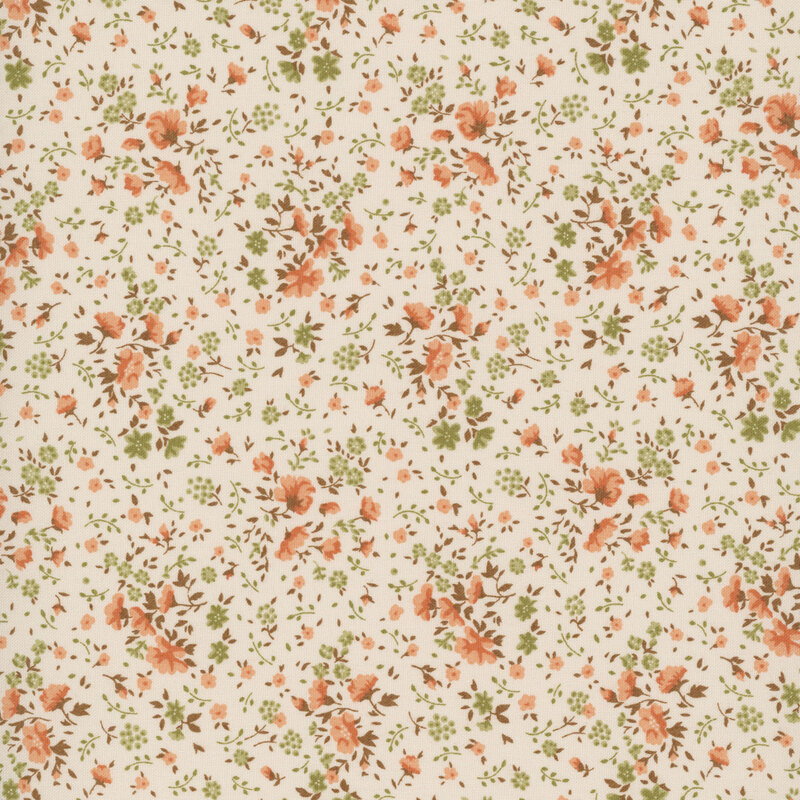 scattered pattern of peach and olive floral blooms with brown leaves on a cream background.