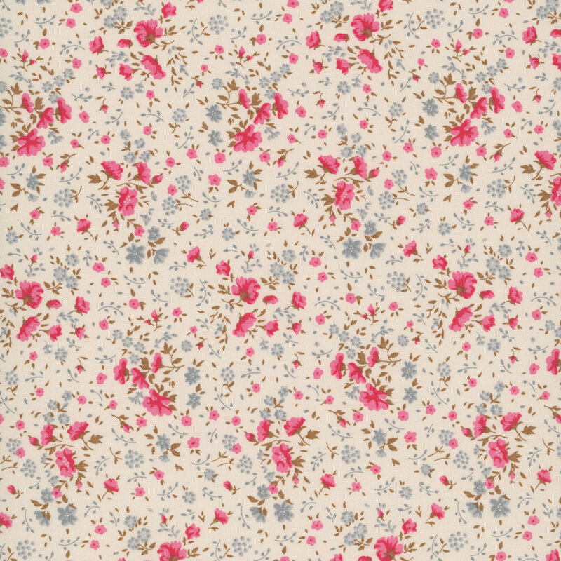 scattered pattern of red and slate blue floral blooms with brown leaves on a cream background.