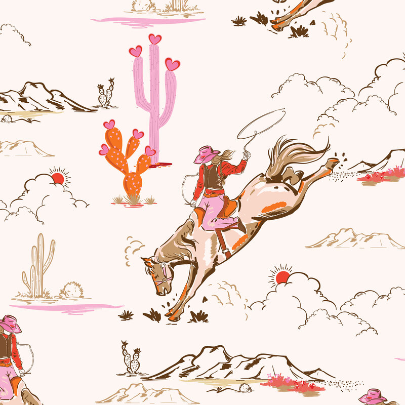 An ivory fabric featuring a western cowgirl theme.
