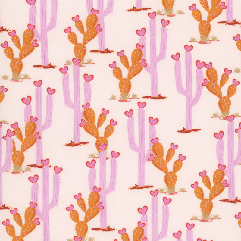 A peach fabric featuring orange and pink cacti.
