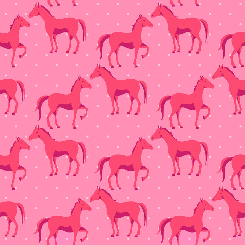 A pink rose fabric with horses and polka dots.