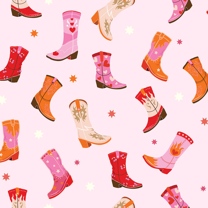 A light pink fabric featuring cowgirl boots and stars.