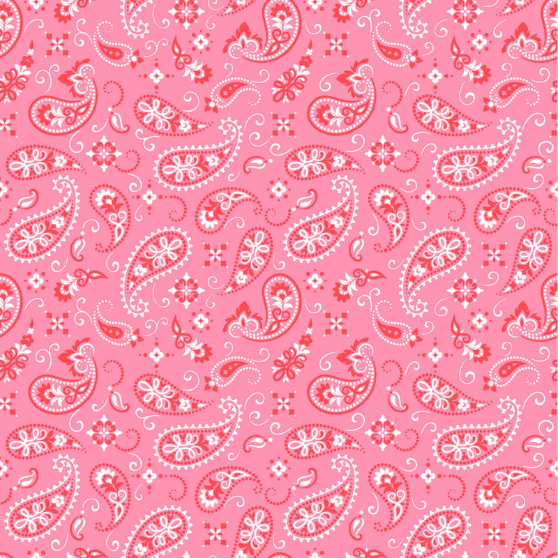 A pink fabric featuring a bright pink and white paisley design. 