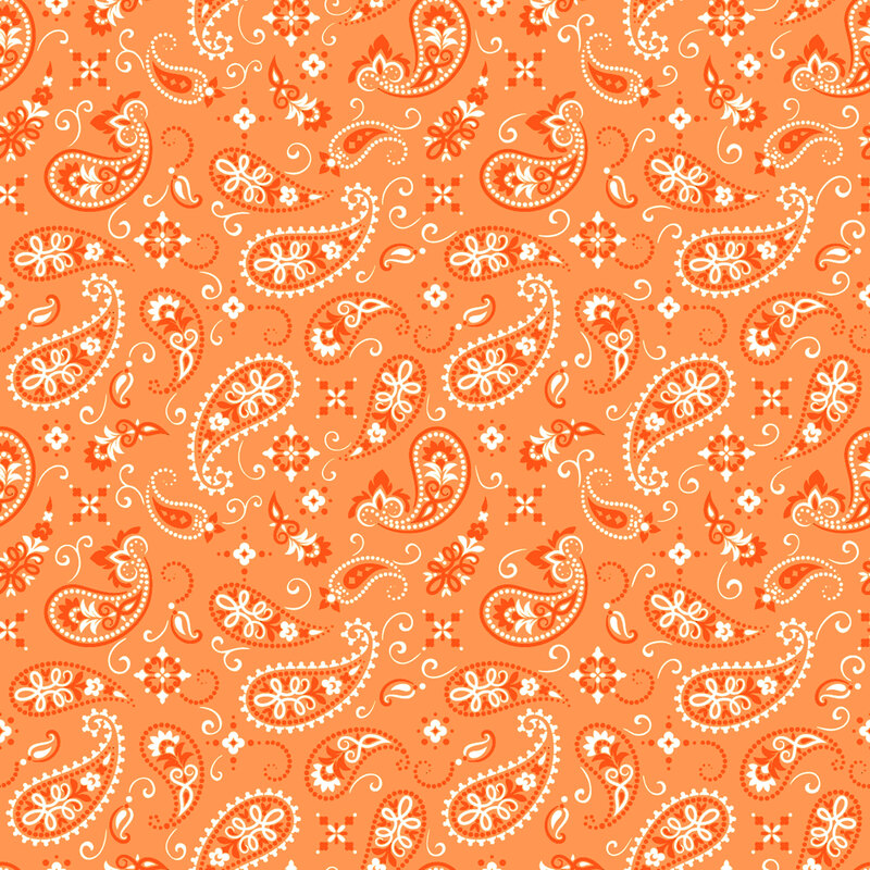 A coral orange fabric featuring a bright orange and whitepaisley design.