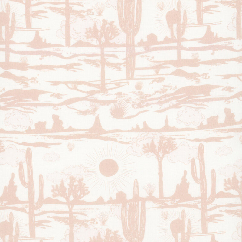 A white fabric featuring a tan colored landscape.