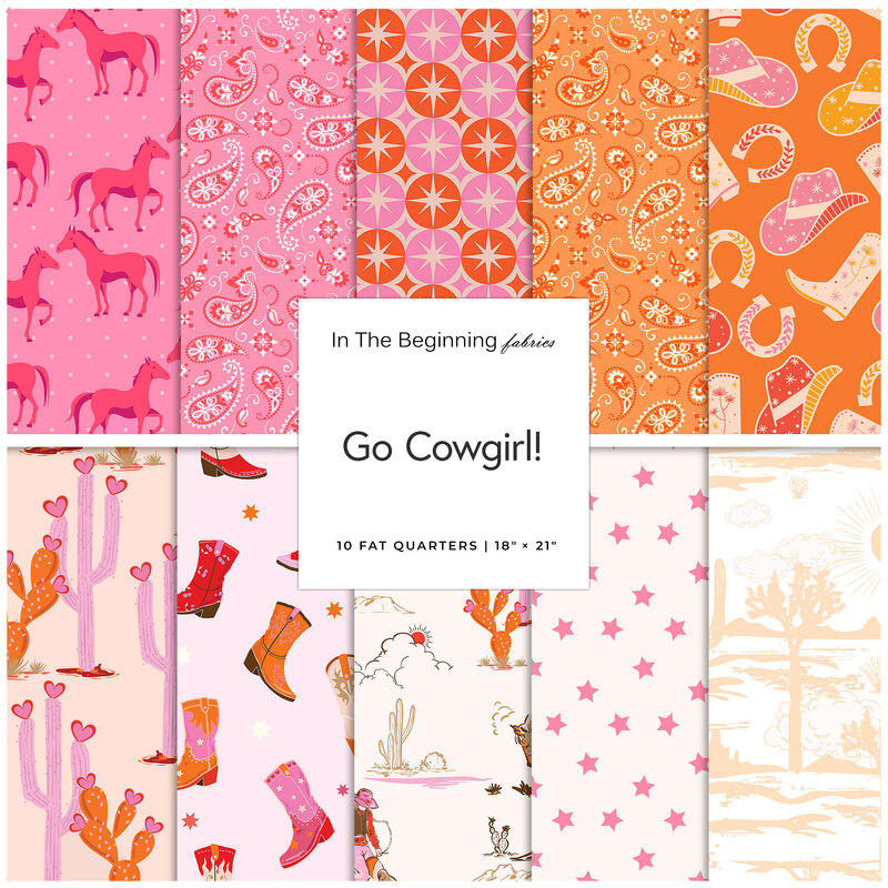 A collage of cowgirl-themed fabrics featured in the Go Cowgirl! Fat Quarter Bundle by In The Beginning Fabrics.
