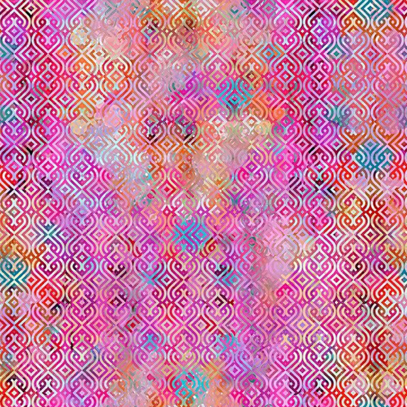 Multi colored fabric with grid of ornate geometric shapes.