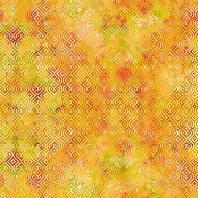 Gold toned fabric with grid of ornate geometric shapes.