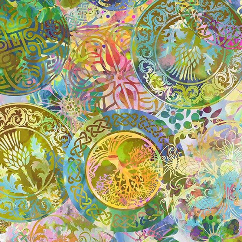 Green tone overlapping emblems of leaves, vines, fruits, and Celtic braids.