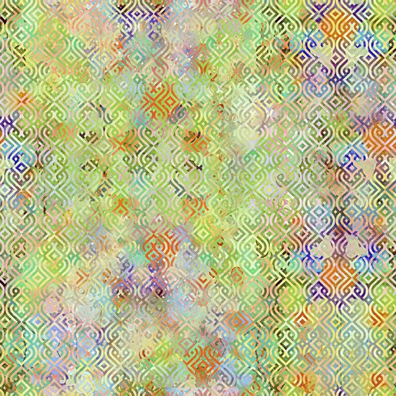 Green toned fabric with grid of ornate geometric shapes.