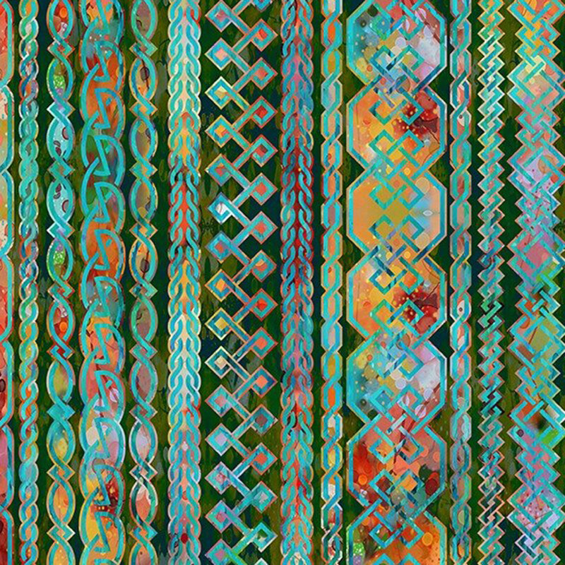Green striped watercolor fabric with various alternating rows of Celtic braids.