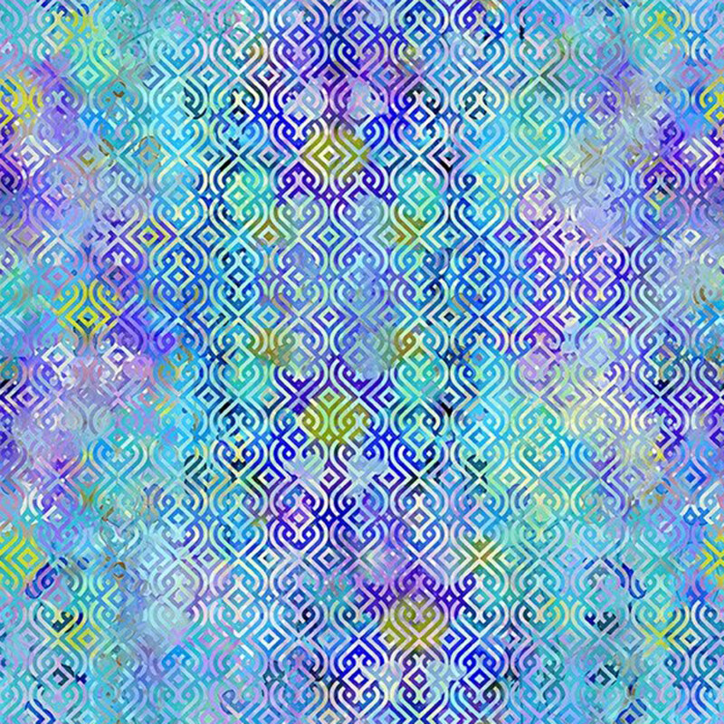 Blue toned fabric with grid of ornate geometric shapes.