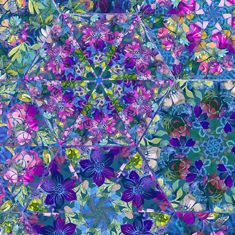 Blue toned fabric with Celtic knots and florals in a radial hexagonal grid.