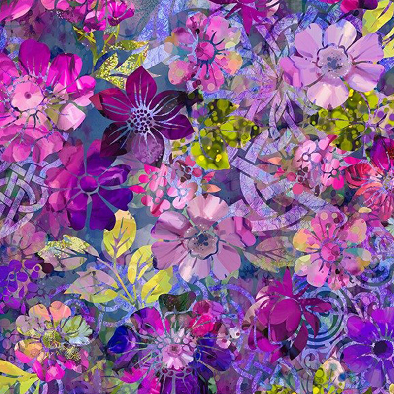 Purple tone fabric packed with a medley of florals and Celtic knots.