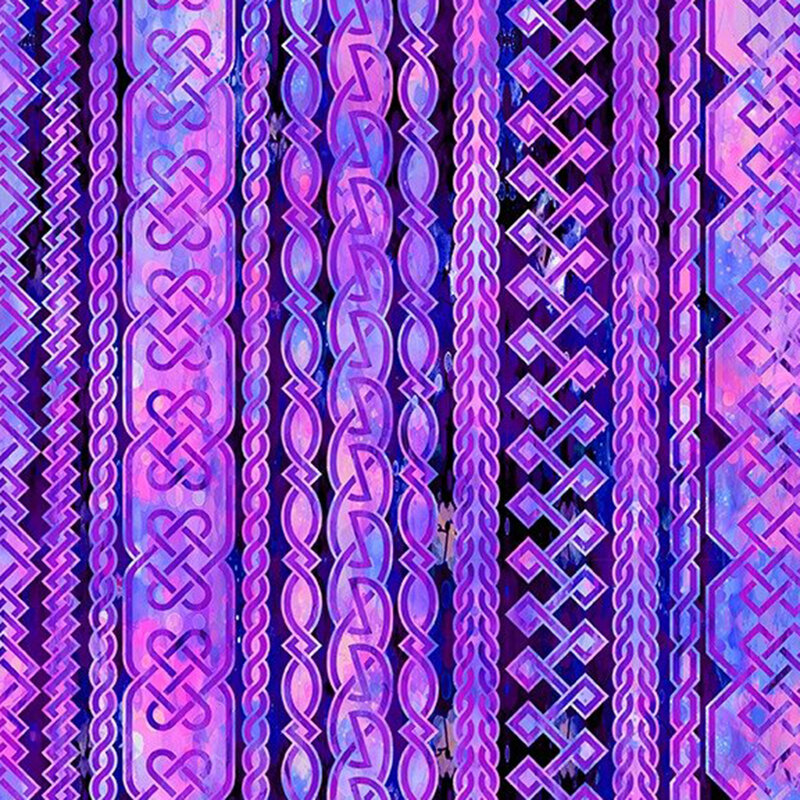 Purple striped watercolor fabric with various alternating rows of Celtic braids.