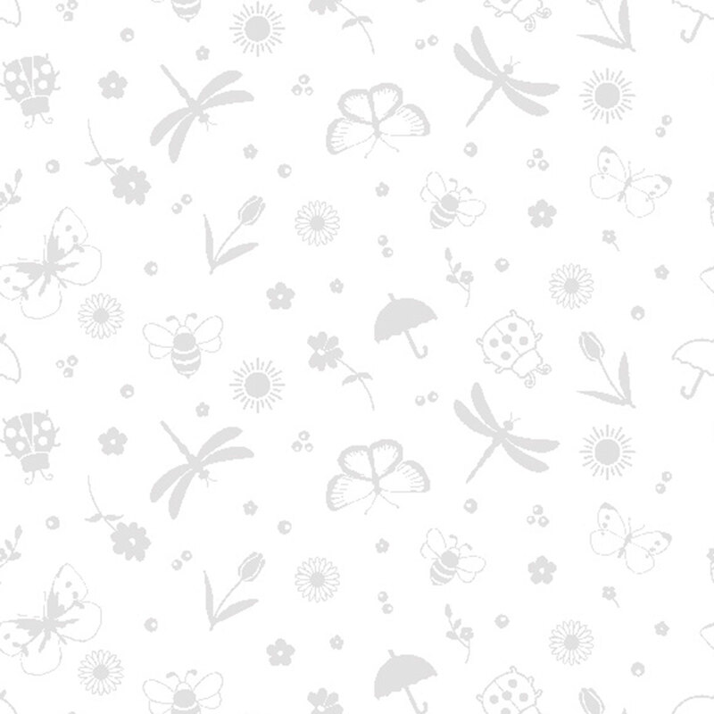 A white-on-white fabric scattered with bugs and flowers.