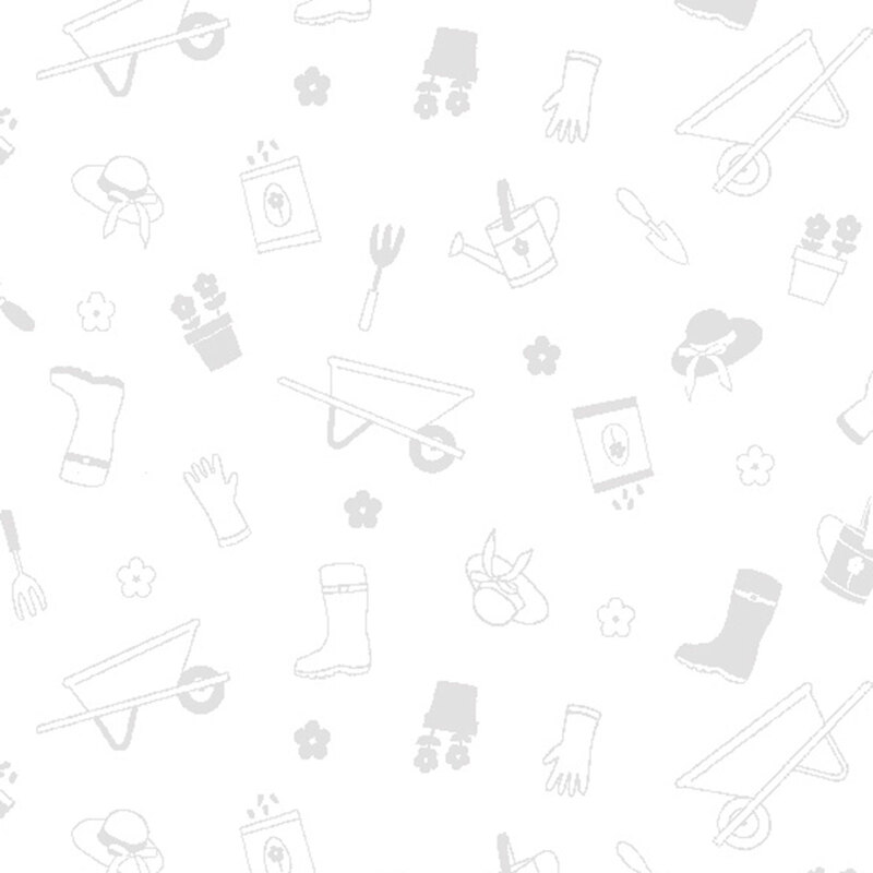 A white on white fabric tossed with gardening tools and accessories.