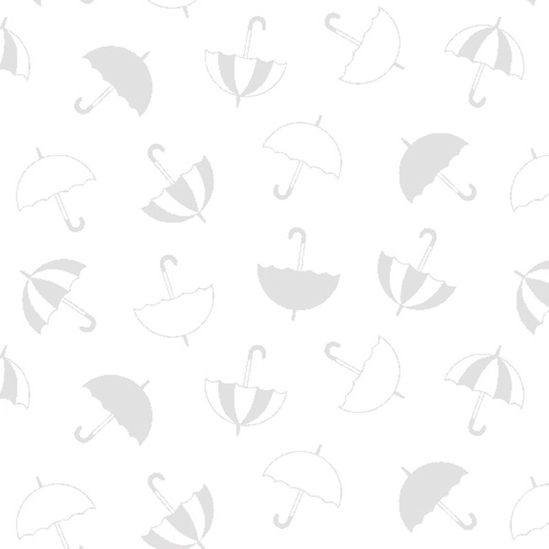 A white on white fabric tossed with umbrella silhouettes.