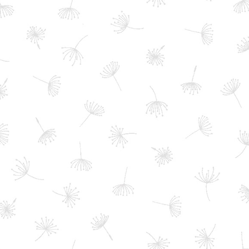 A white on white fabric with dandelions.