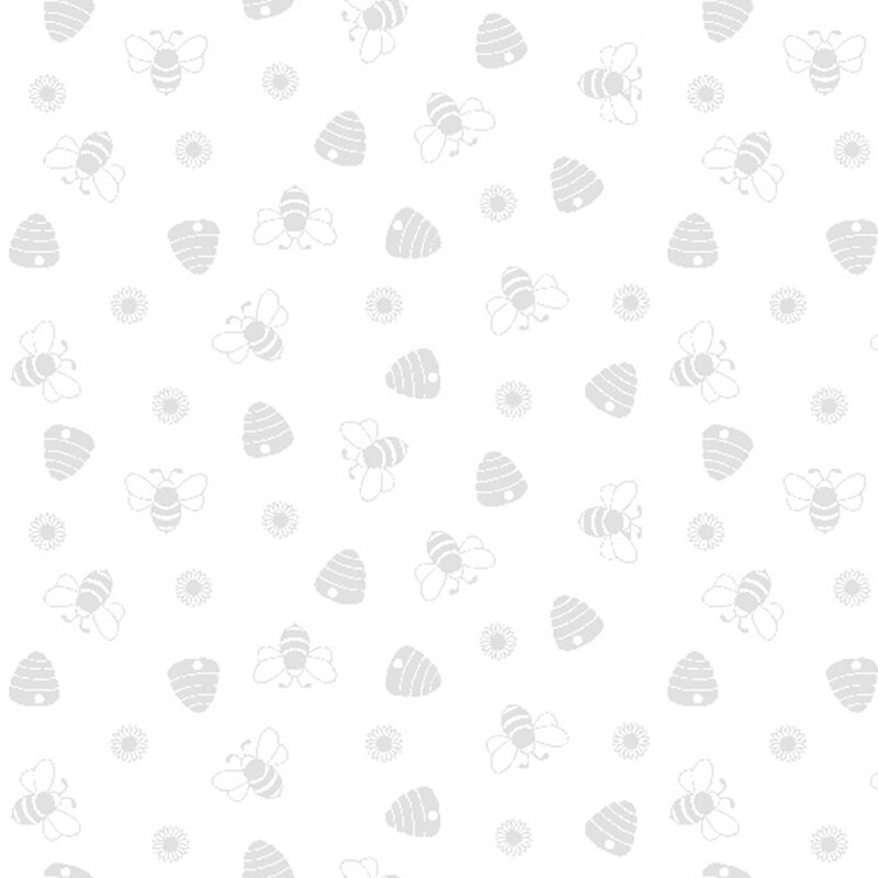 A white on white fabric with bees, beehives, and flowers.