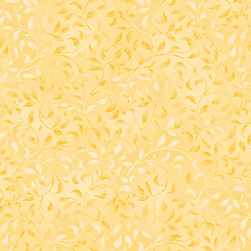 A pale yellow fabric featuring mottled vines. 