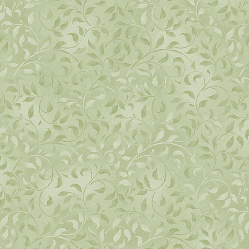 A sage green fabric featuring mottled vines.