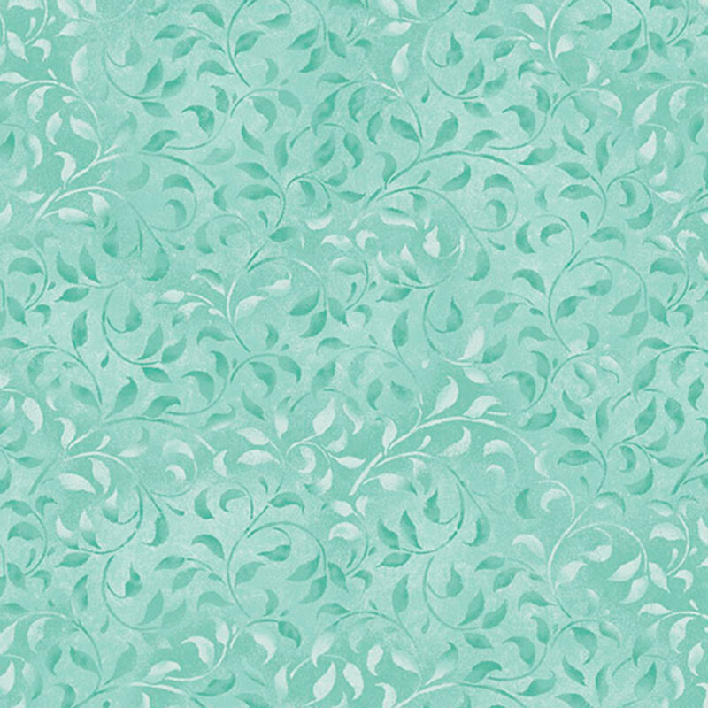 A seafoam fabric featuring mottled vines. 