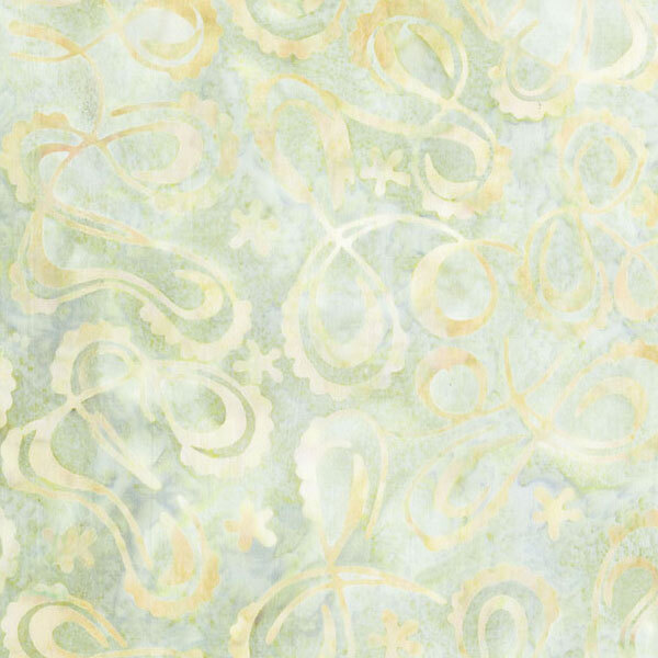 A mottled cool sage fabric featuring flowing ribbons. 